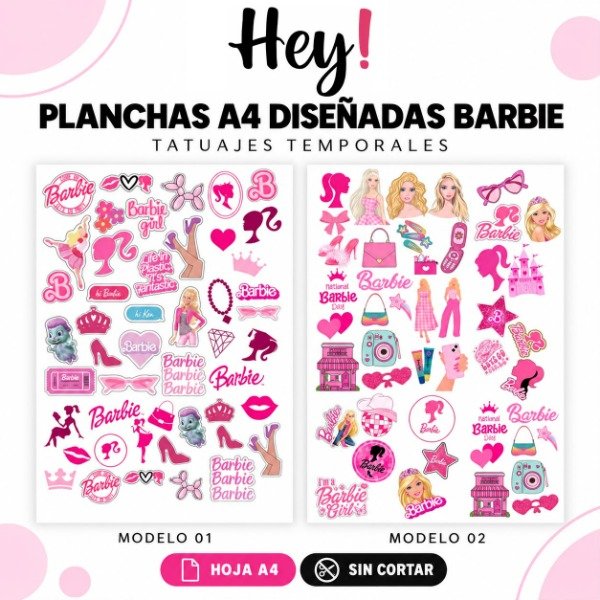 Producto - PLANCHAS A4 PREDISEÑADAS BARBIE - TATUAJES TEMPORALES - 0