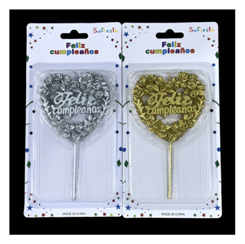 Producto - Vela Metalizada Frase Feliz Cumpleaños Corazon Rosas X1