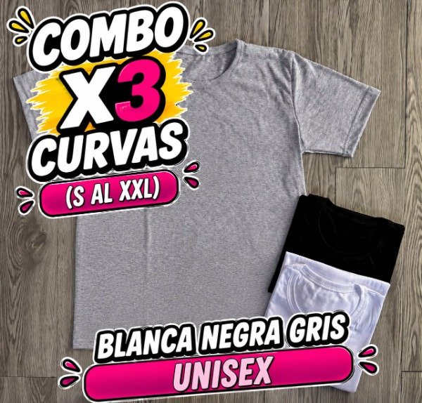 Producto - COMBO X3 CURVAS REMERAS UNISEX (5 TALLES) - 0