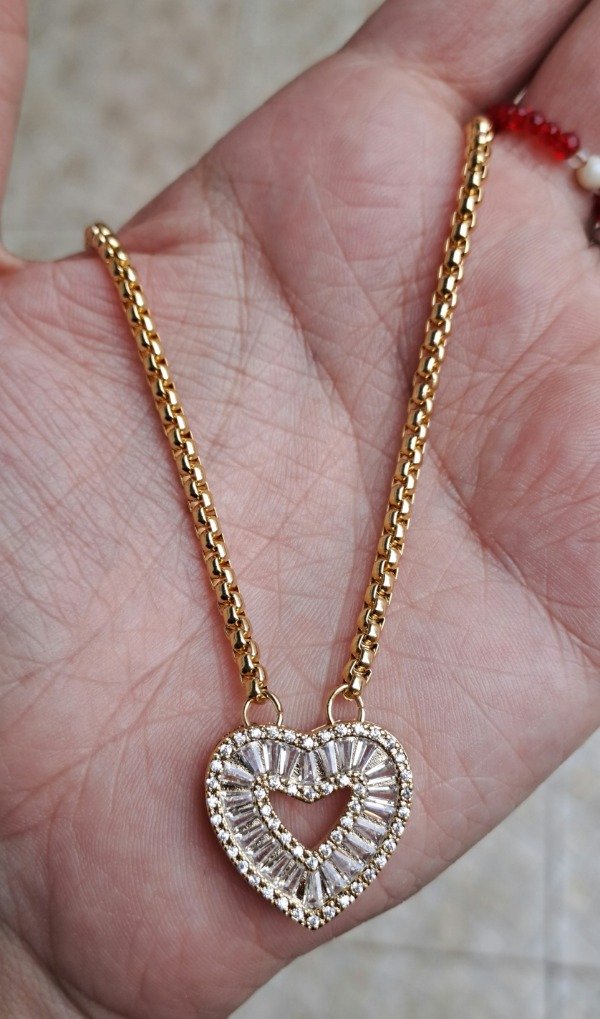 Producto - Collar enchapado en oro 33cm más 10cm de alargue con Dije Corazón Cubics