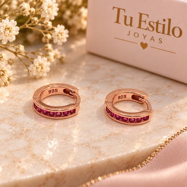 Producto - Aros argollitas cubic Fucsia en Plata 925 Rose