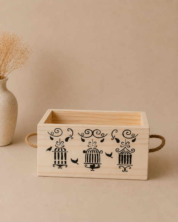 Producto - cajón en madera con manijas de yute: pajaritos color manteca