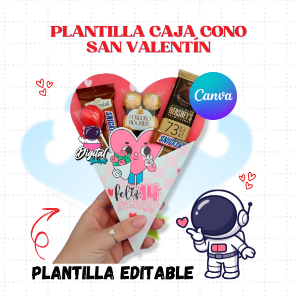 Producto - Plantilla Editable en Canva Caja Cono Corazón San Valentin. DigitalBaires