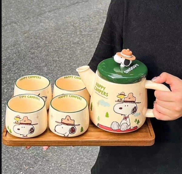 Producto - Juego de té Snoopy original Tetera + tabla + 4 cuencos cerámica Verde