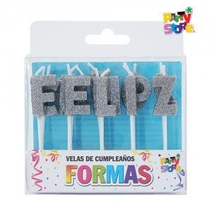 Producto - set vela feliz cumple plateado