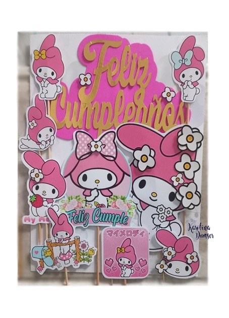 Producto - Cake Topper Adorno My Melody Feliz Cumpleaños Fucsia/Rosa . Set x 10