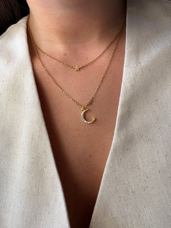 Producto - Collar doble luna y estrella mini - Acero dorado
