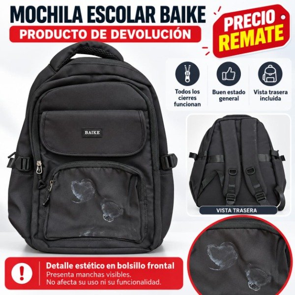 Producto - Mochila escolar baike funcionan todos los cierres, detalle (mancha en frente)