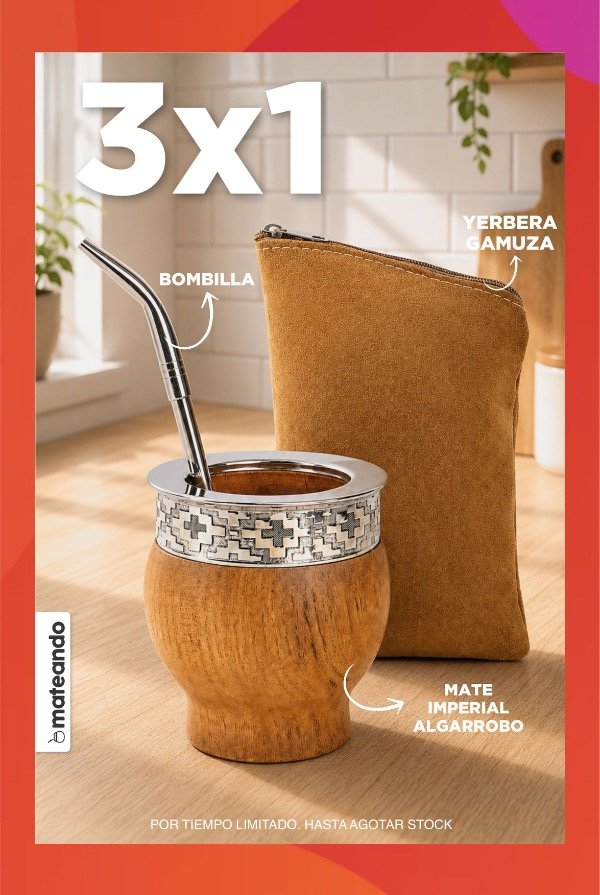 Producto - 3x1 - MATE IMPERIAL DE ALGARROBO RUSTICO + BOMBILLA + YERBERA GAMUZA
