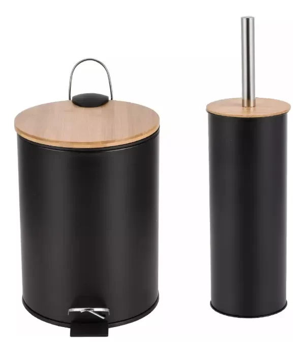 Producto - (negro) Set Cesto De Basura Acero Bambú 3l + Escobilla Acero Nórdico