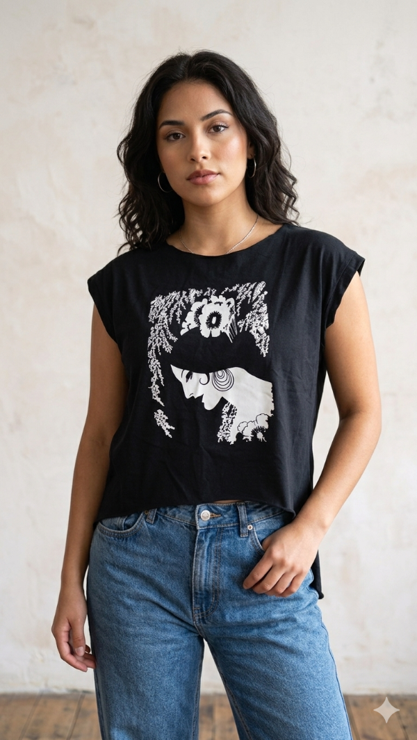 Producto - REMERA NEGRA CON ESTAMPA FLAMENCA T1