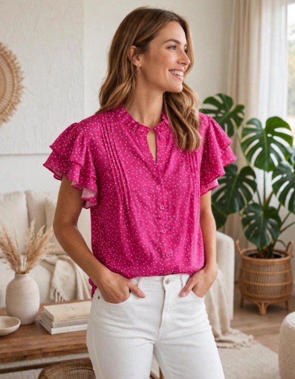 Producto - Camisa MC lunares Blancos fondo Fucsia importada 40br37 - 0