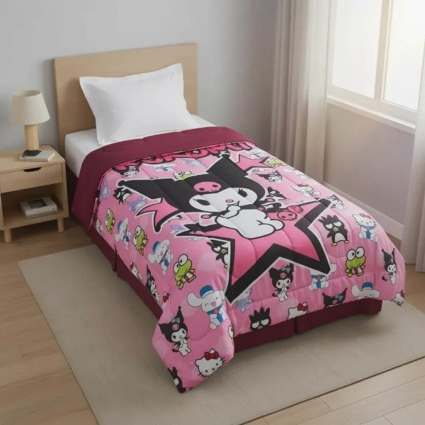 Producto - Acolchado Infantil "Kuromi Estrella" 1 1/2 Pl. Diseño 3D Reverso Bordó