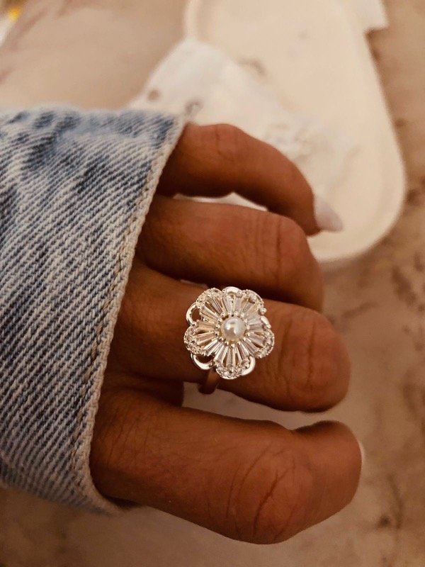 Producto - Anillo Flor zirconia más perla de cultivo Giratorio Acero Blanco