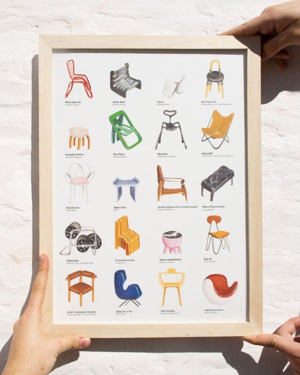 Producto - Poster ilustrado enmarcado 30x40 - 20 Sillas de Diseño Argentino