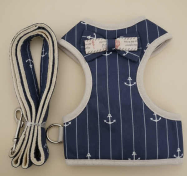 Producto - Arnés pechera con moño talle "L" con correa - Diseño Azul Marinero