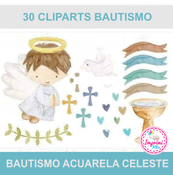 Producto - Kit Cliparts Bautismo Acuarela Celeste Angelitos Imagenes Imprimibles #708