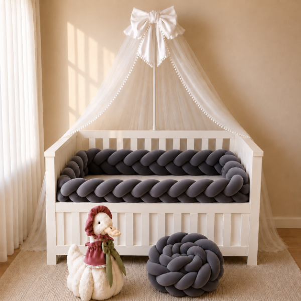 Producto - Chichonera Trenzada para Cuna y Cama 3 Cabos Plush (Gris)