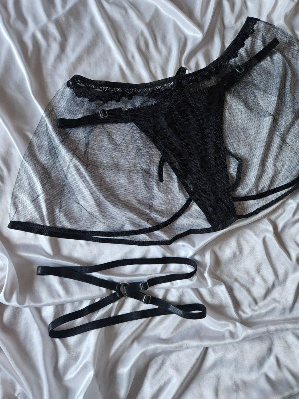 Producto - SET POLLERITA + TANGA HILO DE TULL + LIGA DOBLE NEGRA (A31 A)