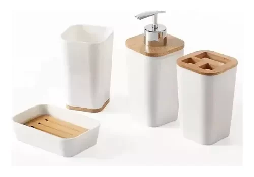 Producto - Set De Bambú Dispenser, Jabonera, Vaso, Porta Cepillo Dental
