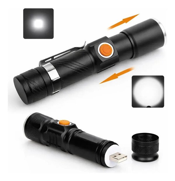 Producto - Linterna Mano Led T6 Aluminio Tactica Recargable USB Trasero sin Cables 3600L - 3