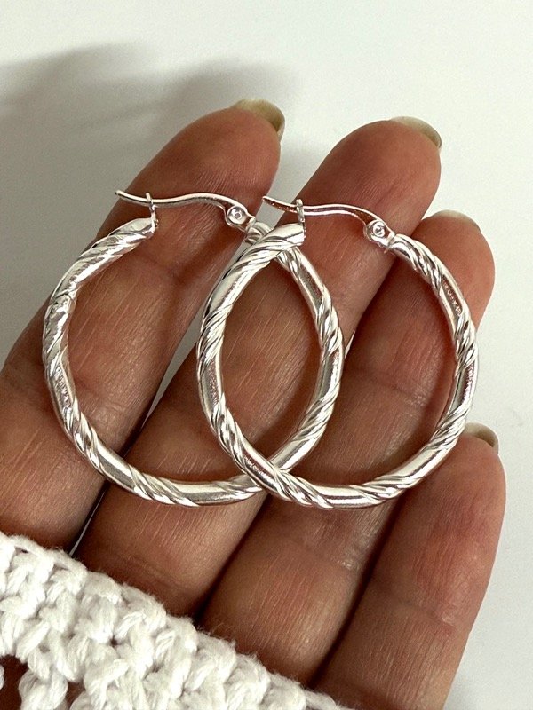 Producto - AB1619 Aros argollas labradas acero blanco 3,5 cm