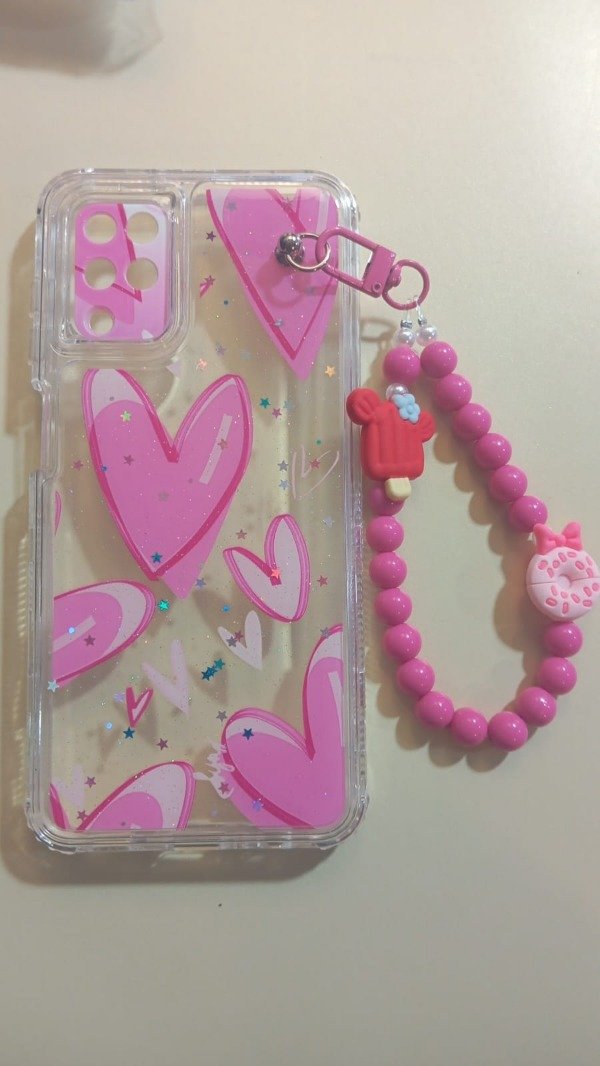 Producto - Funda Transparente Diseño Con Glitter y Cadena Corazones para Samsung A12