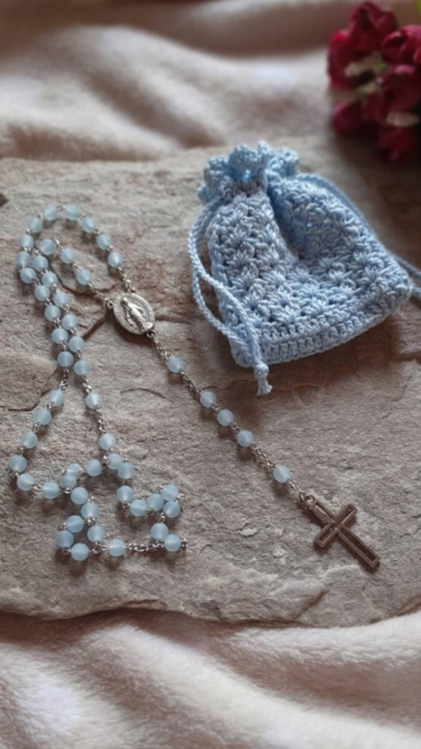 Producto - Rosario y Bolsita de Guarda, Diseño en Celeste Seda