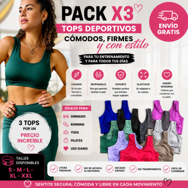 Producto - Pack x3 Tops Deportivos Mujer Breteles Anchos Varios Colores Lycra Premium