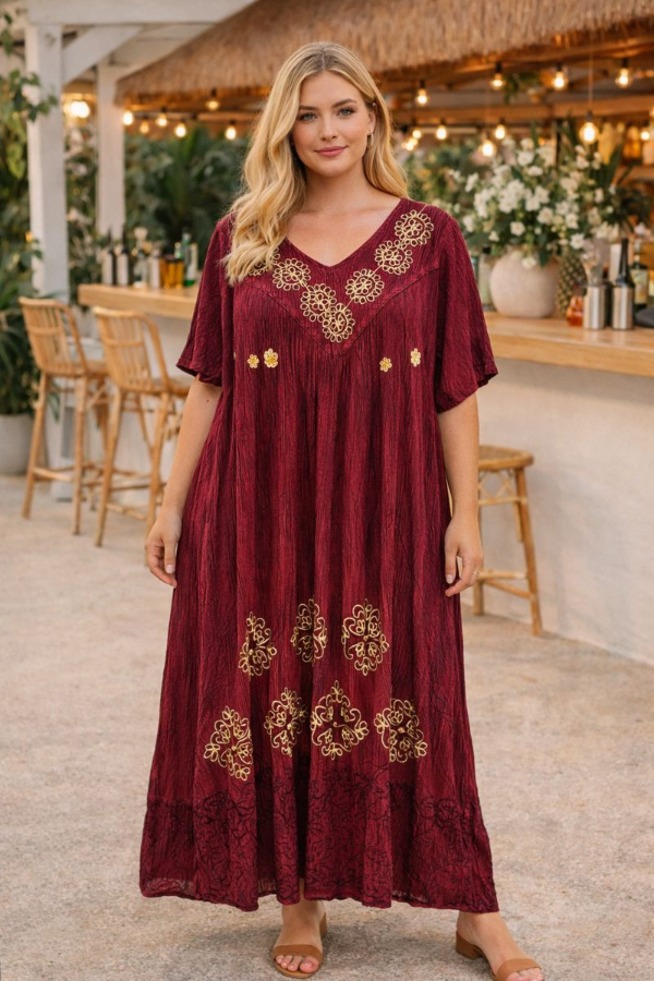 Producto - Maxi Vestido India Amplios XXL Bordados - 145 cm Transf 28.900 Cereza Jaspeado