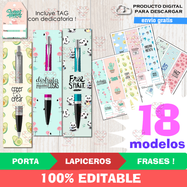 Producto - Kit Imprimible Porta Lapiceras con Frases Editable