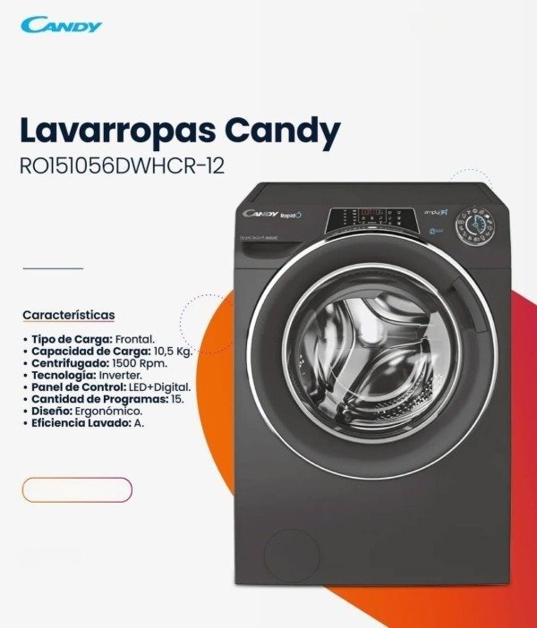 Producto - LAVARROPAS CANDY 10.5KG INVERTER WIFI 1500RPM INOXIDABLE RO151056DWHCR-12