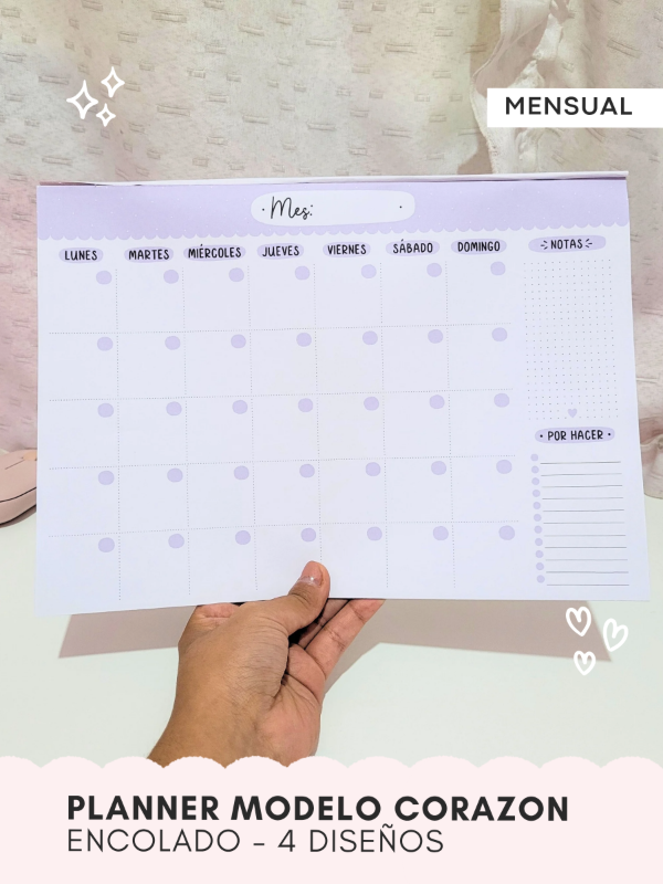 Producto - PLANNER MENSUAL MODELO CORAZON - encolado