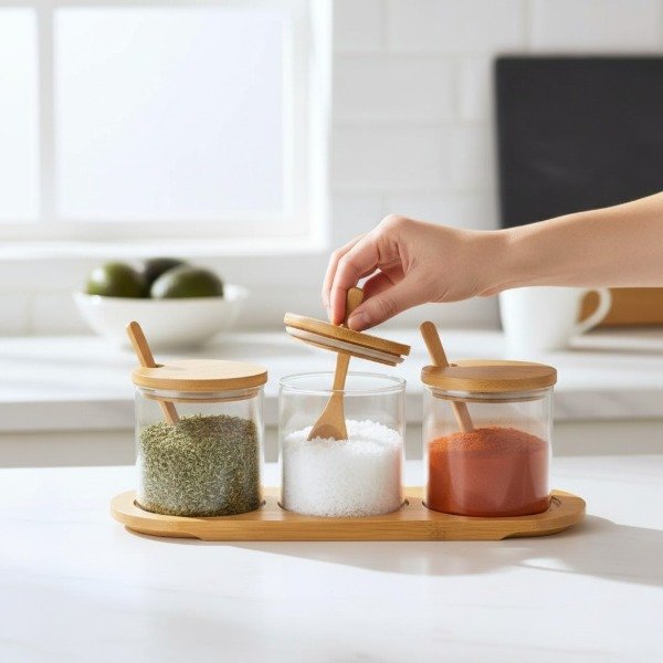 Producto - SET DE ESPECIERO DE VIDRIO X 3 BASE DE BAMBU Y CUCHARA 330ML - 2