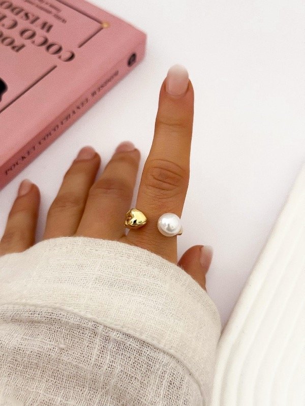 Producto - Anillo Regulable Perla y Corazón Acero Dorado