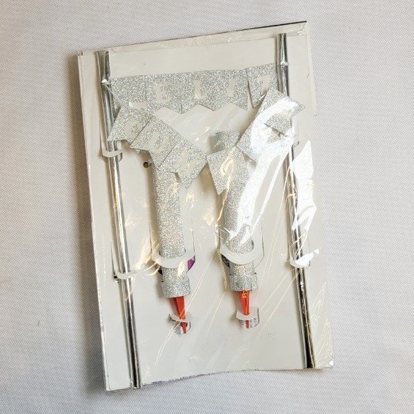 Producto - Set banderines FELIZ CUMPLE + bengalas color plateado letra blanca