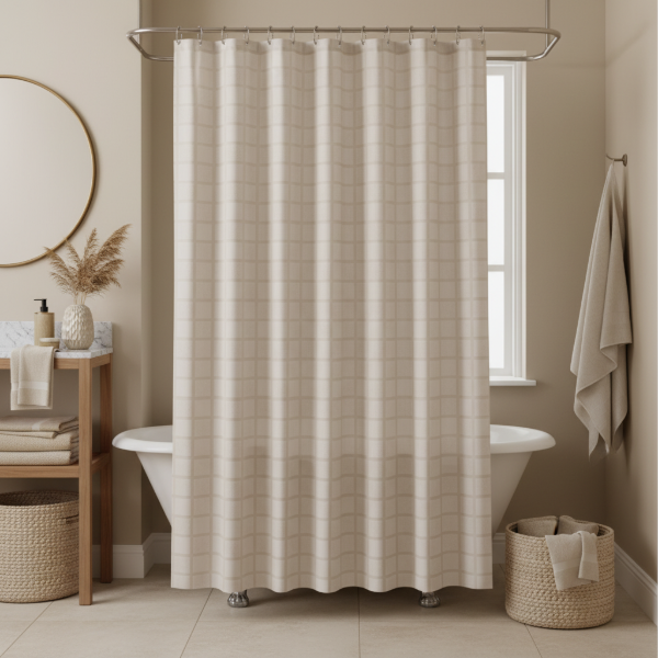 Producto - CORTINA PARA BAÑO, DOBLE LÍNEA ENCAJE "BEIGE CUADROS BLANCOS"
