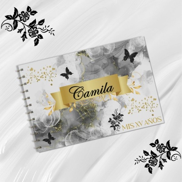 Producto - Kit Imprimible Libro De Firmas Mis 15 años - NEGRO Y DORADO ABSTRACTO