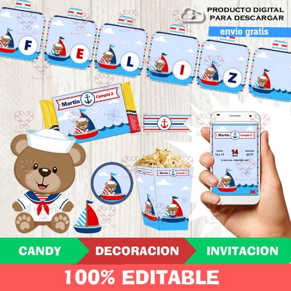 Producto - Kit Imprimible Nautico Marinero Ositos Editable