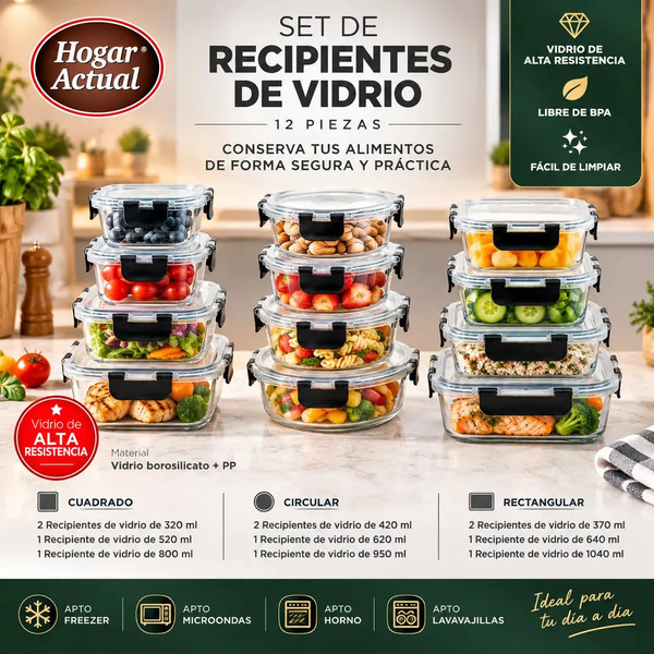 Producto - Set 12 recipientes hermeticos -vidrio -apto microondas/horno/freezer -varias - 0