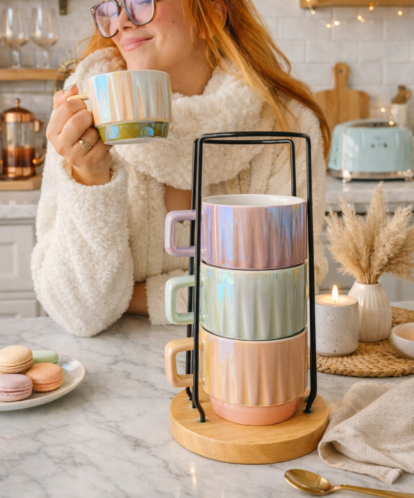 Producto - Tazas apilables tornasol con soporte
