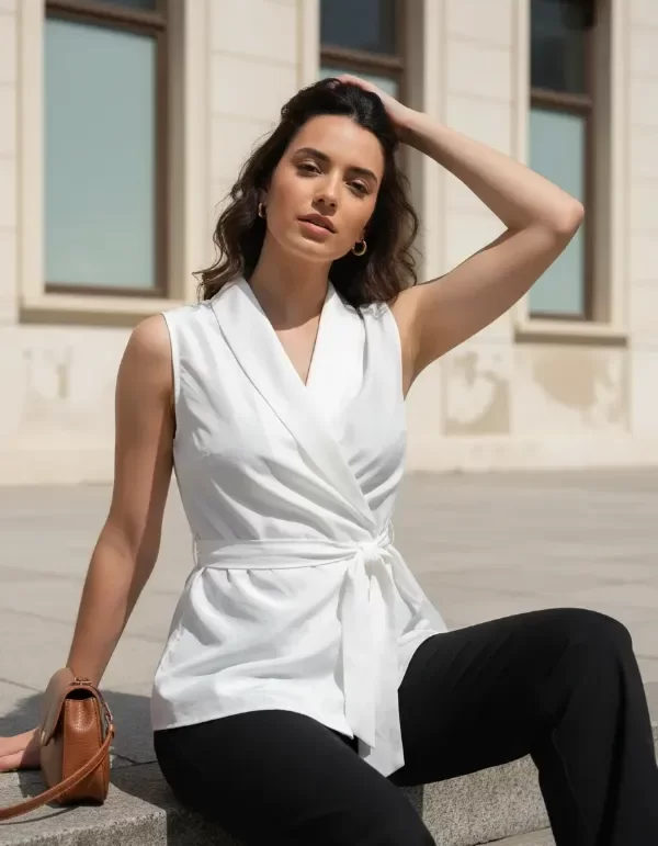 Producto - Blusa kimono chaleco cruzada de Tafetta con Moño - 1