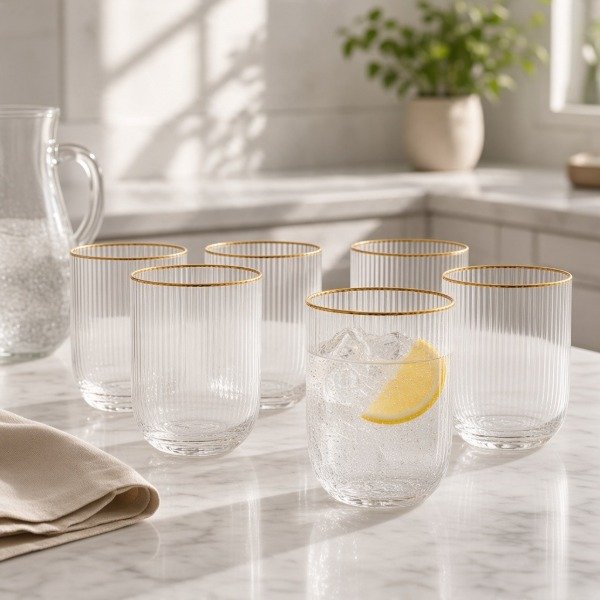 Producto - SET DE 6 VASOS RAYADOS CON BORDE DORADO DE VIDRIO EN CAJA 9X7CM - 2