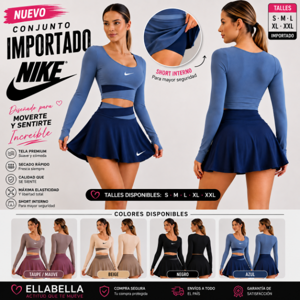 Conjunto Deportivo Mujer Importado Top Manga Larga + Short Pollera