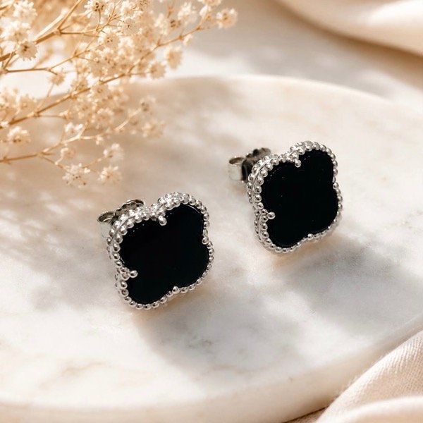Producto - Aros Plata 925 Trebol piedra Onix