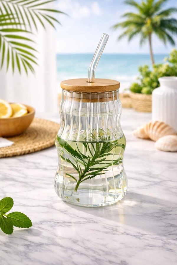 Producto - Vaso de Vidrio Ondeado 500ml Con Tapa Bamboo y Sorbete de Vidrio