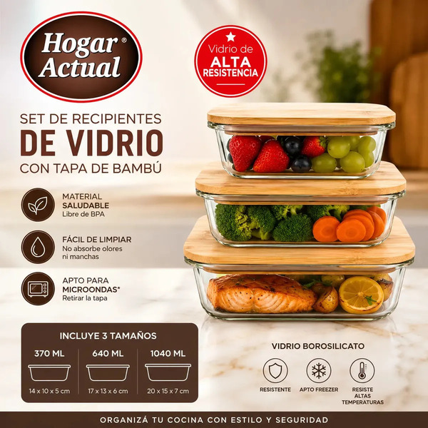 Producto - Set X3 recipientes hermetico -vidrio -tapa de bambu -apto microondas/horno/freez - 2