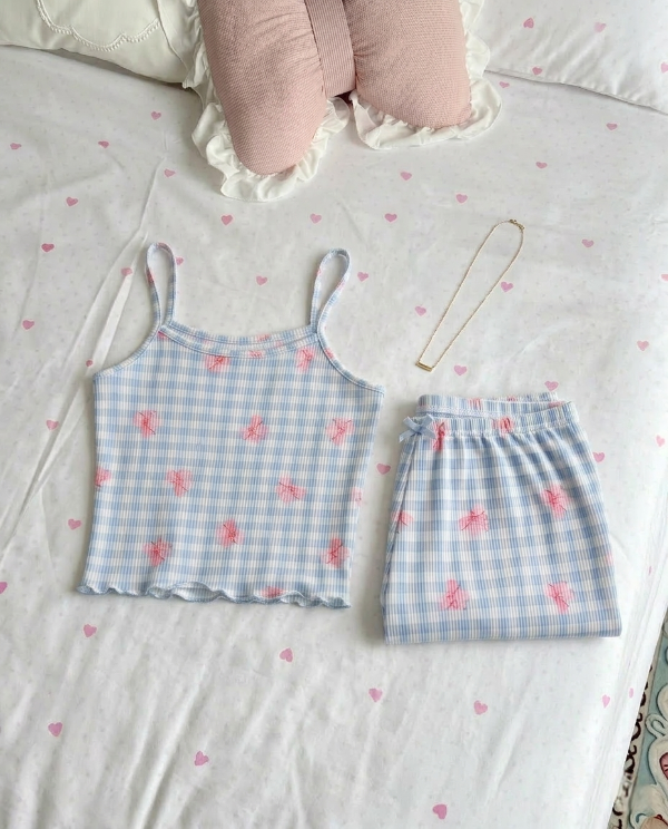 Producto - Pijama morley rulete - Cuadrille celeste con moños