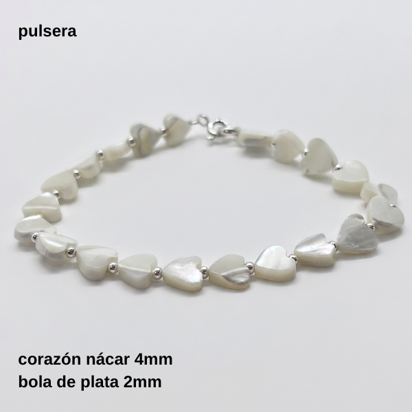 Producto - PUL #FP - Pulsera corazón nácar y bola de plata 2mm (DÓLAR)