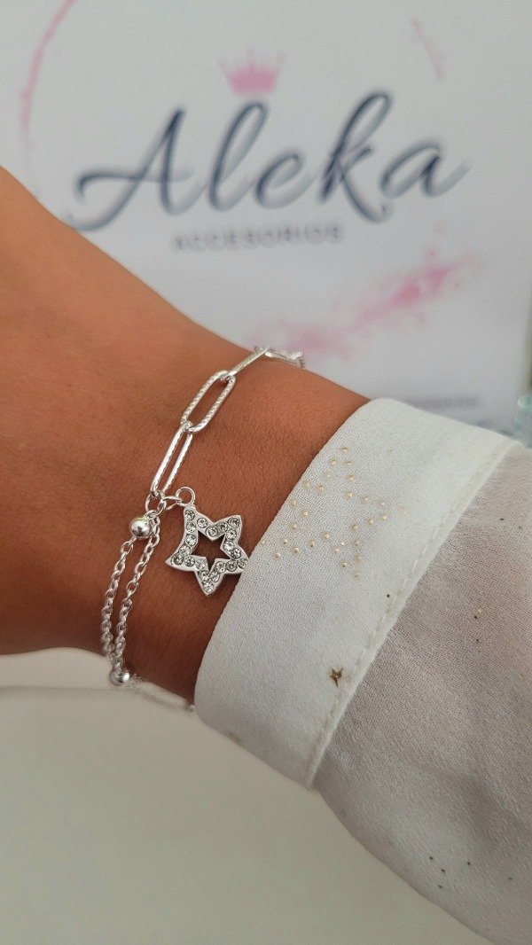 Producto - Pulsera doble cadena con dije de estrella con strass de acero blanco